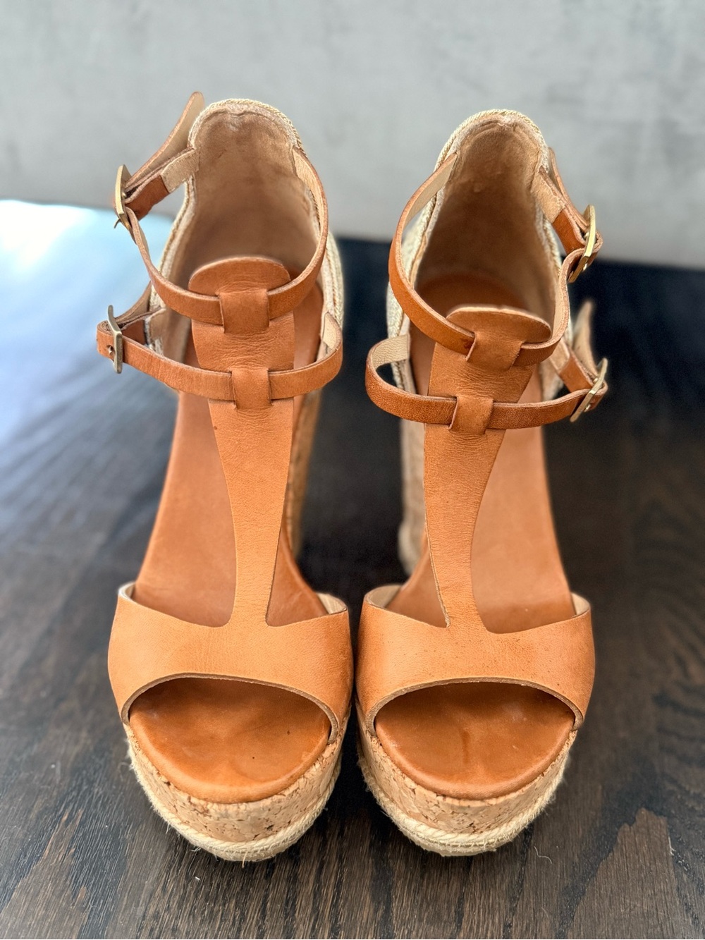 Jimmy Choo Tan Leather T-Strap Espadrille Platform Wedges